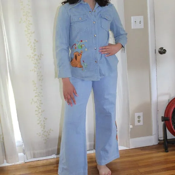 Vtg Penney's International Imports Embroidered Dog Girl Denim Jeans Shirt Set
